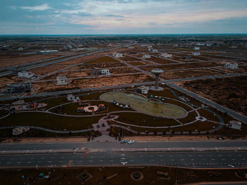 Aerial view of urban development and roads in Bahawalpur, Pakistan, showcasing infrastructure and open spaces.